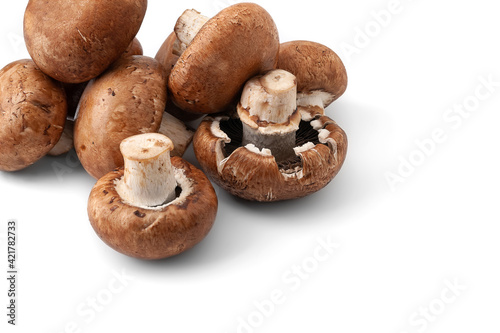 Champignon mushrooms isolated on white background. Brown wet mushrooms with copy space. Bunch of raw mushrooms.