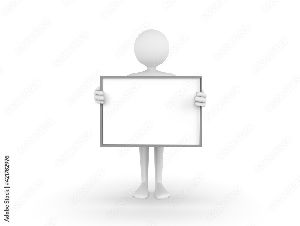 3D illustration of cartoon man holding a blank white board 3D illustration of cartoon man holding a blank white board