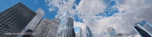 Streets of a modern city, panorama of skyscrapers against the sky, high-rise buildings, 3D rendering