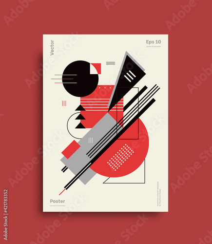 Modern geometric poster design. Red color and dynamic futuristic cover for contemporary certificate and abstract flyer layout. Vector bauhaus geometric artwork with circle and triangle. Vector poster