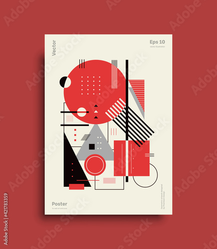 Modern geometric poster design. Red color and dynamic futuristic cover for contemporary certificate and abstract flyer layout. Vector bauhaus geometric artwork with circle and triangle. Vector poster