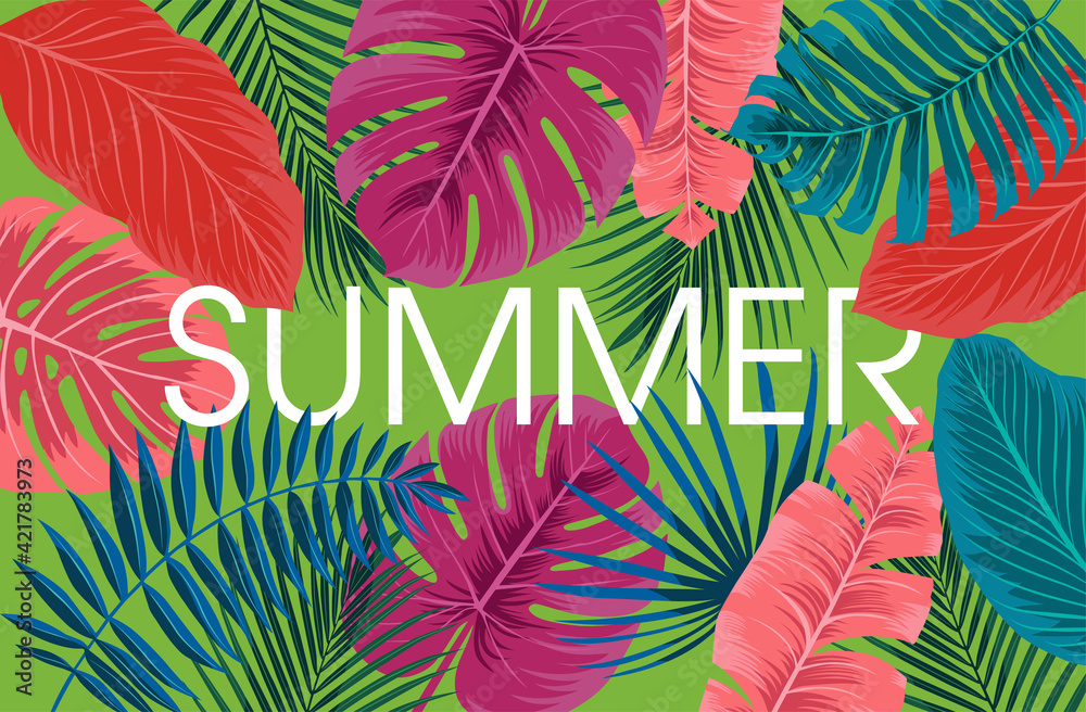 Naklejka premium Bright tropical background with jungle plants. Vector exotic pattern with palm leaves with the inscription summer.