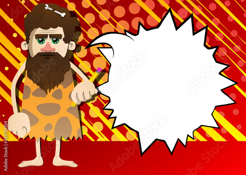 Cartoon prehistoric man writing with pencil. Vector illustration of a man from the stone age.