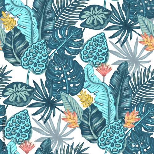 Tropical leaves seamless pattern design. rainforest backgroud