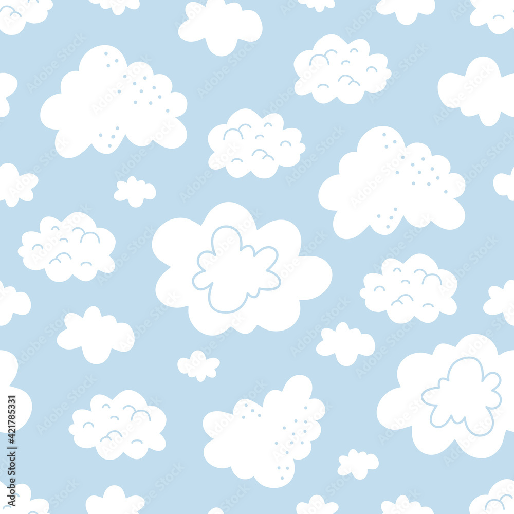 Seamless pattern white clouds. Vector cute illustration sky on blue background. For fabric, print, textile, kids decor room, background, wallpaper, wrapping Seamless pattern white clouds. Vector cute illustration sky on blue background. For fabric, print, textile, kids decor room, background, wallpaper, wrapping