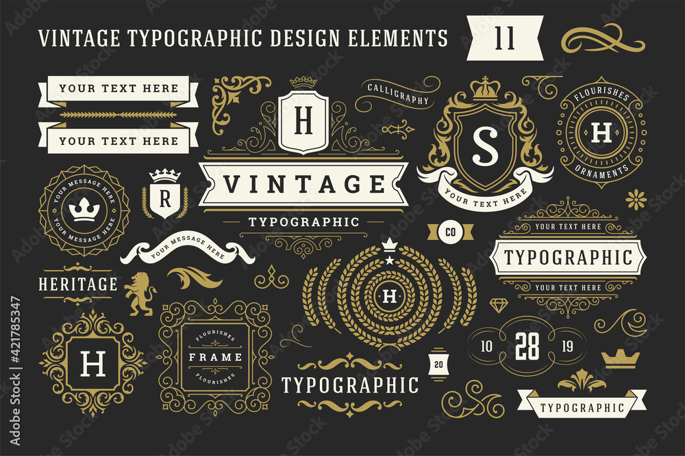 Vintage typographic decorative ornament design elements set vector ...