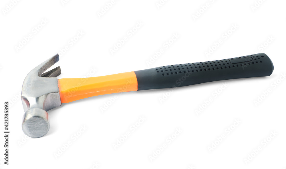 Close Up orange iron hammer with medium black rubber grip. It is a tool for nailing the roof. Isolated on white background. with clipping path. Close Up orange iron hammer with medium black rubber grip. It is a tool for nailing the roof. Isolated on white background. with clipping path.