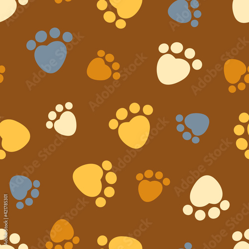 Seamless pattern bear footprints. Vector cute illustration animal foot prints on brown background. For fabric, print, textile, kids decor room, background, wallpaper