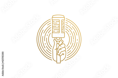 Hand of singer with microphone silhouette linear vector illustration.