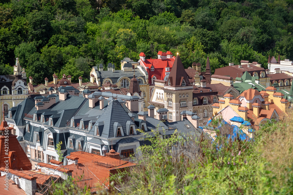 Architecture of Kozhumyatskaya street in Old Town, Kiev, Ukraine