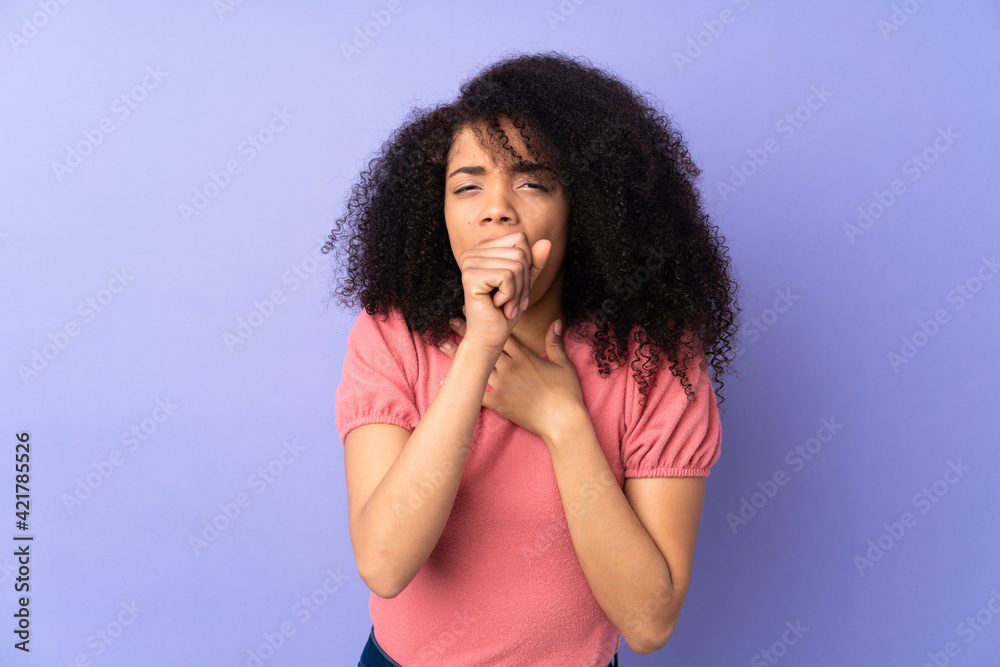 Young african american woman isolated on purple background coughing a lot Young african american woman isolated on purple background coughing a lot