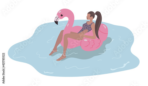 Woman swims on an inflatable pink flamingo. Summer illustration in flat style.