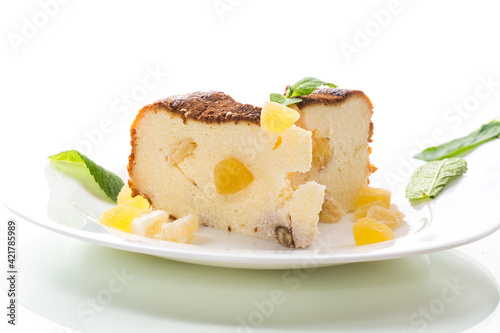 sweet baked cottage cheese casserole with nuts and candied fruits