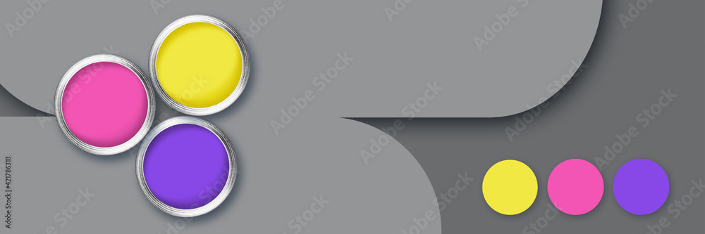 Web banner with three cans with colored paint on gray background. Paper cut in the background with shadows. Web banner with three cans with colored paint on gray background. Paper cut in the background with shadows.