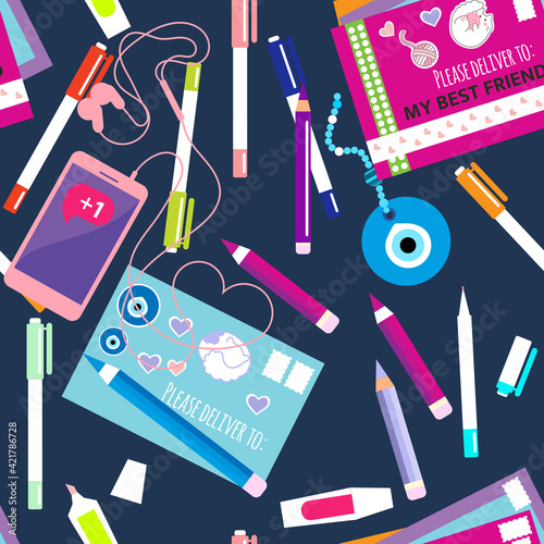 A seamless pattern with a desk of a penpaller with kawaii outgoing mail, stationery, pens, mobile phone and nazar. Top view. Illustration in a flat style.