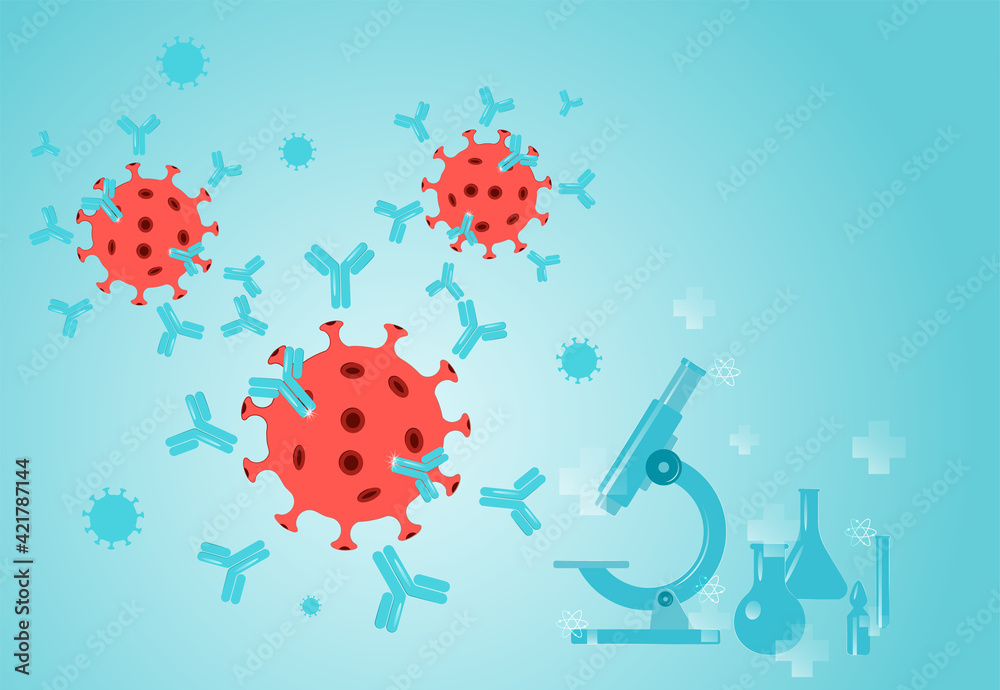 It's time to get vaccinated. Microscope, flasks, test tubes, symbols of science and pharmaceuticals. Viruses and antibodies. Coronavirus vaccination concept It's time to get vaccinated. Microscope, flasks, test tubes, symbols of science and pharmaceuticals. Viruses and antibodies. Coronavirus vaccination concept