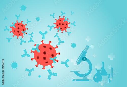It's time to get vaccinated. Microscope, flasks, test tubes, symbols of science and pharmaceuticals. Viruses and antibodies. Coronavirus vaccination concept