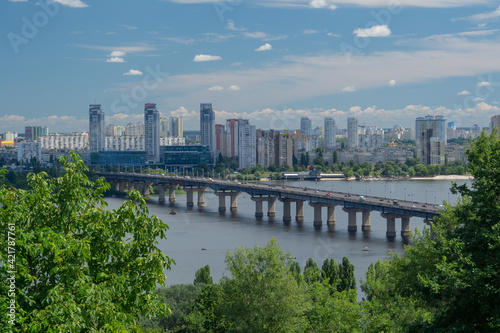 Residential district on the left coast of Dnieper and Paton bridge in Kyiv, Ukraine