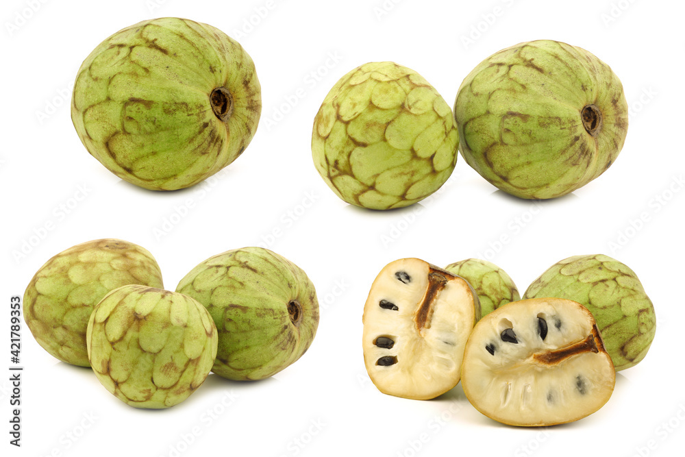 fresh cherimoya fruit (Annona cherimola) and a cut one on a white background fresh cherimoya fruit (Annona cherimola) and a cut one on a white background