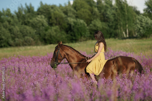 Beautiful woman with long hair in yellow dress riding bareback a brown horse in among purple flowers in green field