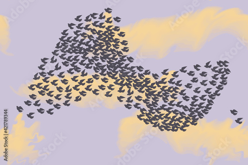 big flock of black birds and cloudy sky, seamless pattern