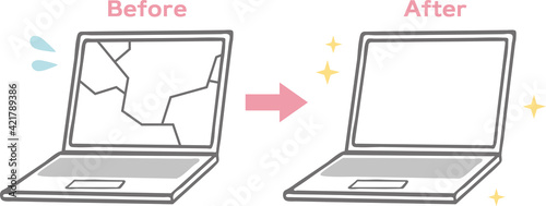 壊れたノートパソコンの修理後ビフォーアフターイラスト素材