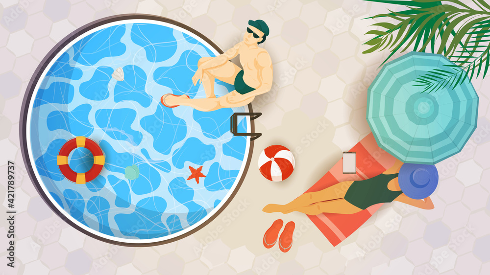 Vector illustration in a flat style on the theme of summer holidays and vacations Top view A man sits in a round pool and a girl lies under an umbrella