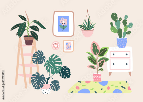 Living room decor. Home plants in flowerpot. Houseplants isolated. Trendy hugge style, vintage urban jungle. Hand drawn. Set collection. Green, pink, yellow, beige, blue colors. Print, poster, banner.