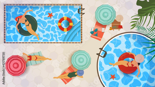 Vector illustration in a flat style on the theme of summer holidays and vacations Top view four girls in swimsuits relax in two swimming pools