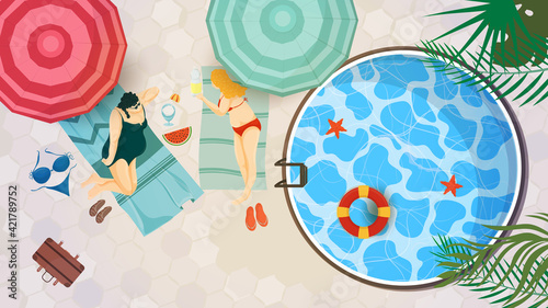 Vector illustration in a flat style on the theme of summer holidays and vacations Top view Overweight people relax next to a round pool