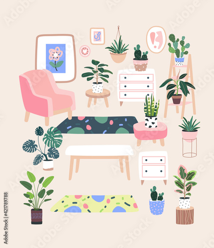 Living room decor. Home plants in flowerpot. Houseplants isolated. Trendy hugge style, vintage urban jungle. Hand drawn. Set collection. Green, pink, yellow, beige, blue colors. Print, poster, banner.