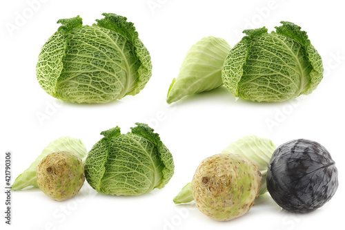 green cabbage, a pointed cabbage and a red cabbage on a white background
