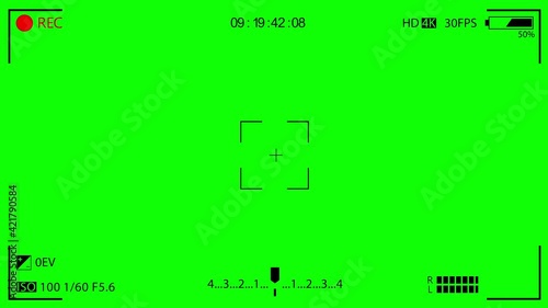 Rec or recording video. Camera rec viewfinder with digital focus and exposure settings. 4K camera video viewfinder. Green screen.