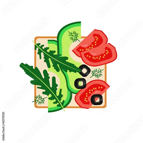 Food, sandwich. Vector illustration. Eco products, proper nutrition. Healthy breakfast. Template for a menu or banner.
