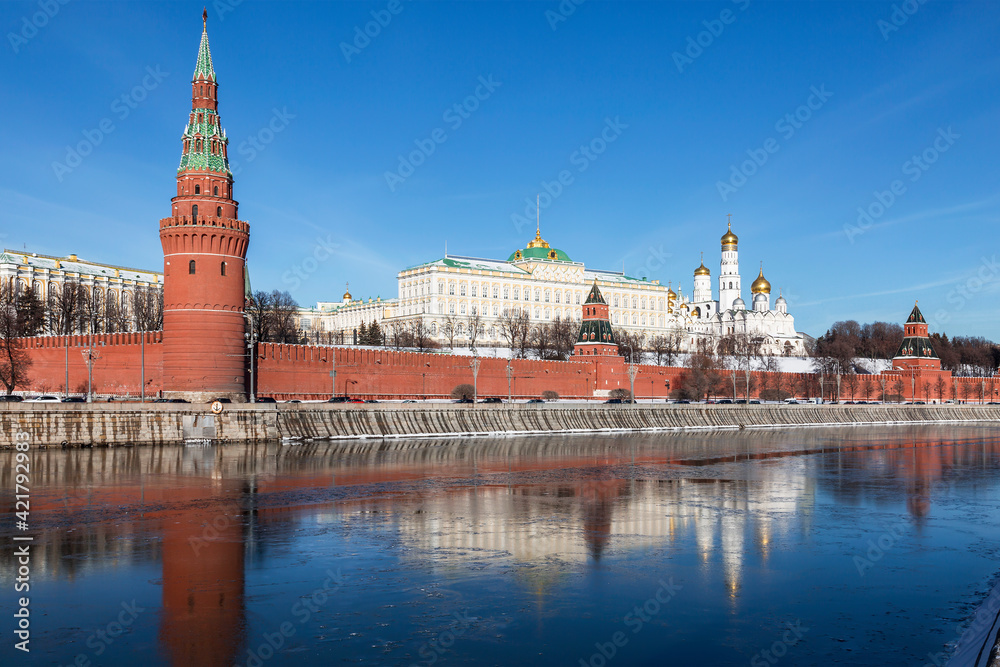 Panorama of the Moscow Kremlin in early spring, Russia