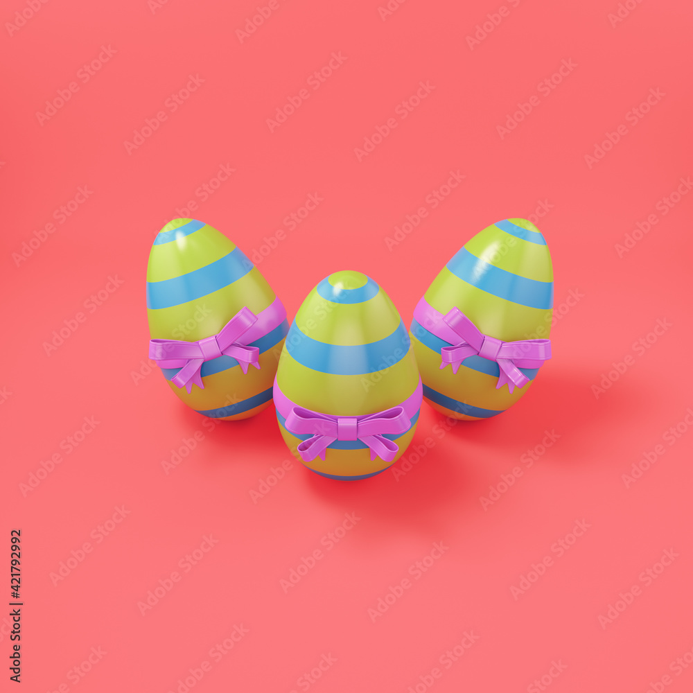 Easter eggs with bow on bright red background