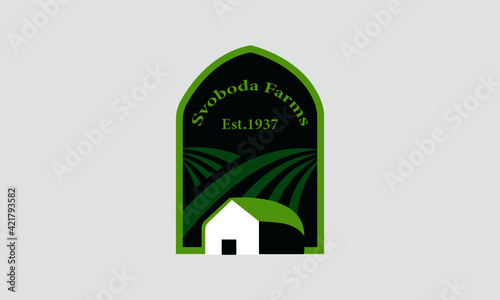 Farm Logo Design Template-Farm House concept logo. Template with farm landscape. Label for natural farm products.
