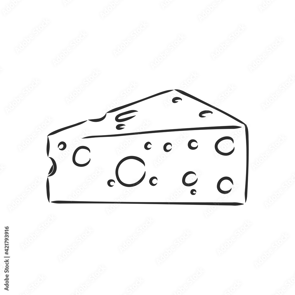 Hand drawn piece of Swiss cheese, sketch style vector illustration isolated on white background. Realistic hand drawing of an triangle chunk of fresh cheese with big holes Hand drawn piece of Swiss cheese, sketch style vector illustration isolated on white background. Realistic hand drawing of an triangle chunk of fresh cheese with big holes