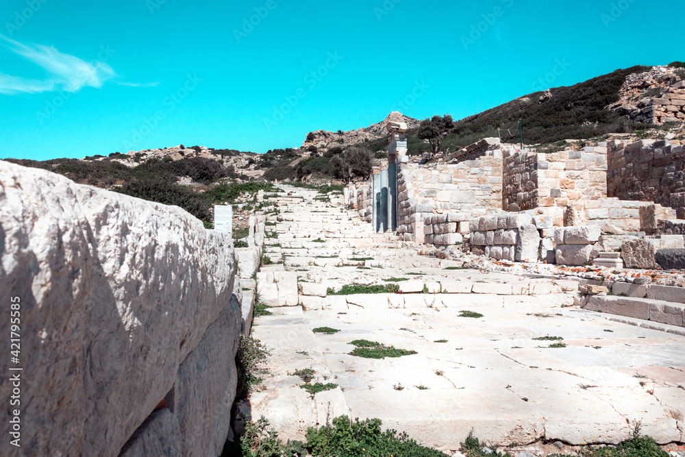 Caria ancient ruins of antique city of Cnydos in Turkey : marble columns and stairs, Datca peninsula