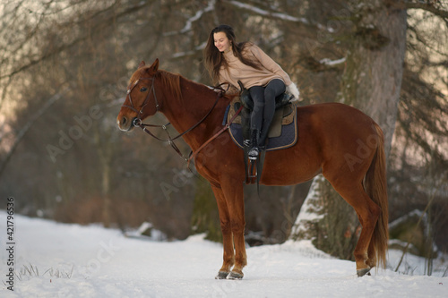Young woman with long hair in sweater riding a brown horse on snow at sunset. Background of winter trees and sunset sky