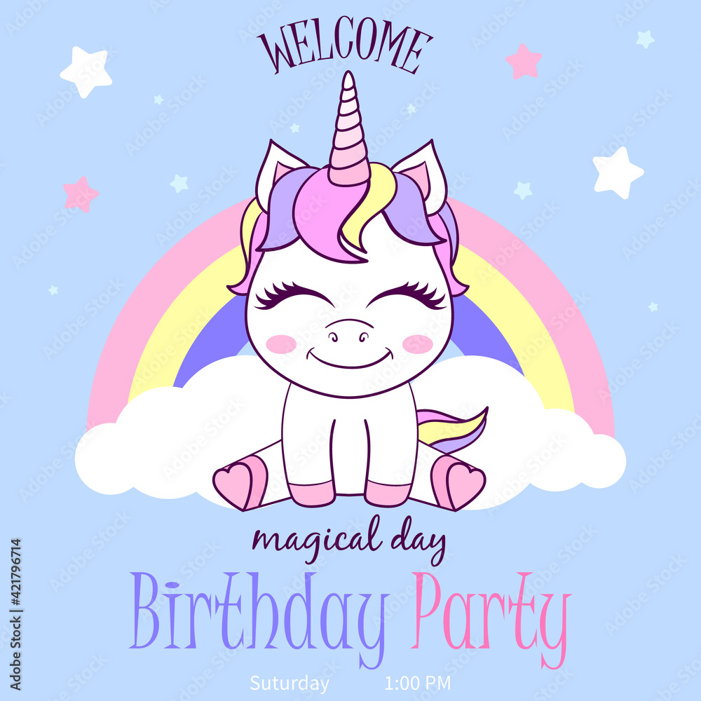 Fototapeta Cute unicorn face with flower. Unicorn head. Vector illustration. Birthday invitation. Magical Unicorn Party.