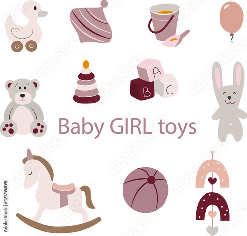 Vector Baby girl toys. Nursery hand-drawn duck, whirligig, sand bucket, balloon, bear, pyramid, cubes, hare, horse, unicorn, ball, rainbow on white background. Pastel colors.