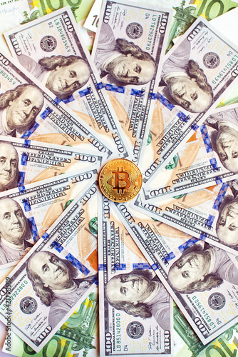 Obraz na płótnie Dollars and bicone as an abstract symbol of the growing role of digital currency and financial transactions on the Internet (course, exchange, trade, circle - concept) w salonie