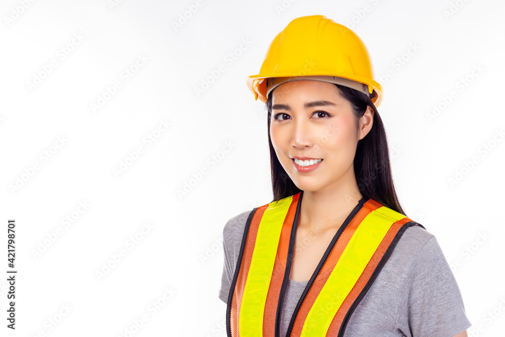 Engineer young worker woman portrait, wear reflective vest and hard hat Labor female look smart with confident Young asian engineer lady get successful of job. isolated on white background, copy space Engineer young worker woman portrait, wear reflective vest and hard hat Labor female look smart with confident Young asian engineer lady get successful of job. isolated on white background, copy space