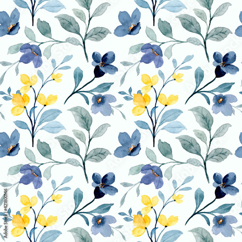 Seamless pattern of yellow and blue wild floral with watercolor