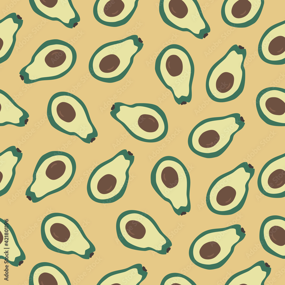 Half avocados on a yellow background. Avocado seamless pattern. Half avocados on a yellow background. Avocado seamless pattern.