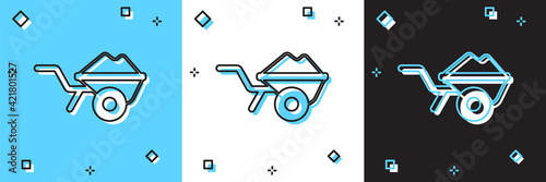 Set Wheelbarrow with dirt icon isolated on blue and white, black background. Tool equipment. Agriculture cart wheel farm. Vector