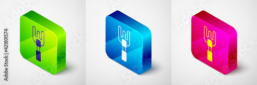 Isometric Garden rake icon isolated on grey background. Tool for horticulture, agriculture, farming. Ground cultivator. Housekeeping equipment. Square button. Vector