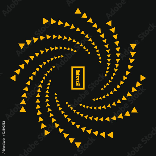 Yellow abstract triangles in spiral form. Gray background. Halftone dots. Trendy design element for border frame, logo, symbol, web, prints, posters, template, pattern and abstract background 