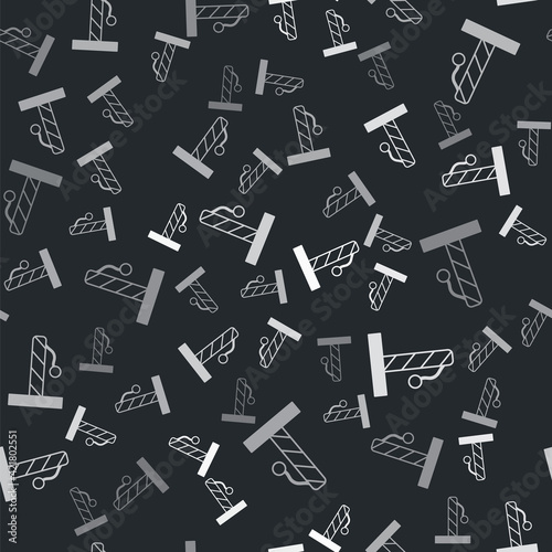 Grey Cat scratching post with toy icon isolated seamless pattern on black background. Vector